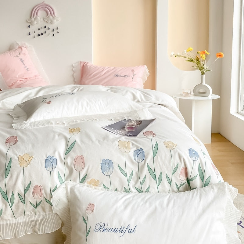 Ihomed Tulip Embroidery Girl Bedding Set 100% Washed Cotton Lace Ruffles Flower Quilt/Duvet Cover Set Bed Linen Fitted Sheet Pillowcase