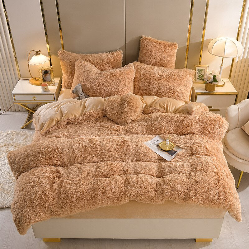 Ihomed Luxury Plush Pure Color Shaggy Warm Fleece Girl Bedding Set Mink Velvet For Home Double Duvet Cover Set Bed Sheet Pillowcase