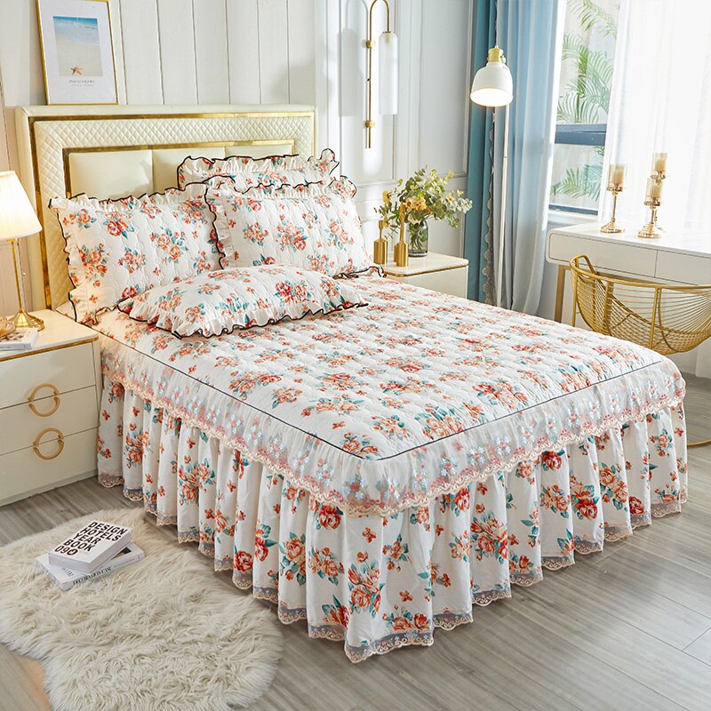 Ihomed Luxury Comfortable Simple Cute 100% Cotton Quilted Bed Skirt Pillowcase 3PC Single Double Bed Machine Washable Household Bedding