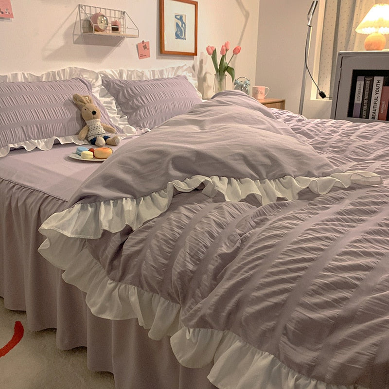 Ihomed Pink Ruffled Seersucker Duvet Cover Set 3/4pcs Soft Lightweight Down Alternative Grey Bedding Set with Bed Skirt and Pillowcases