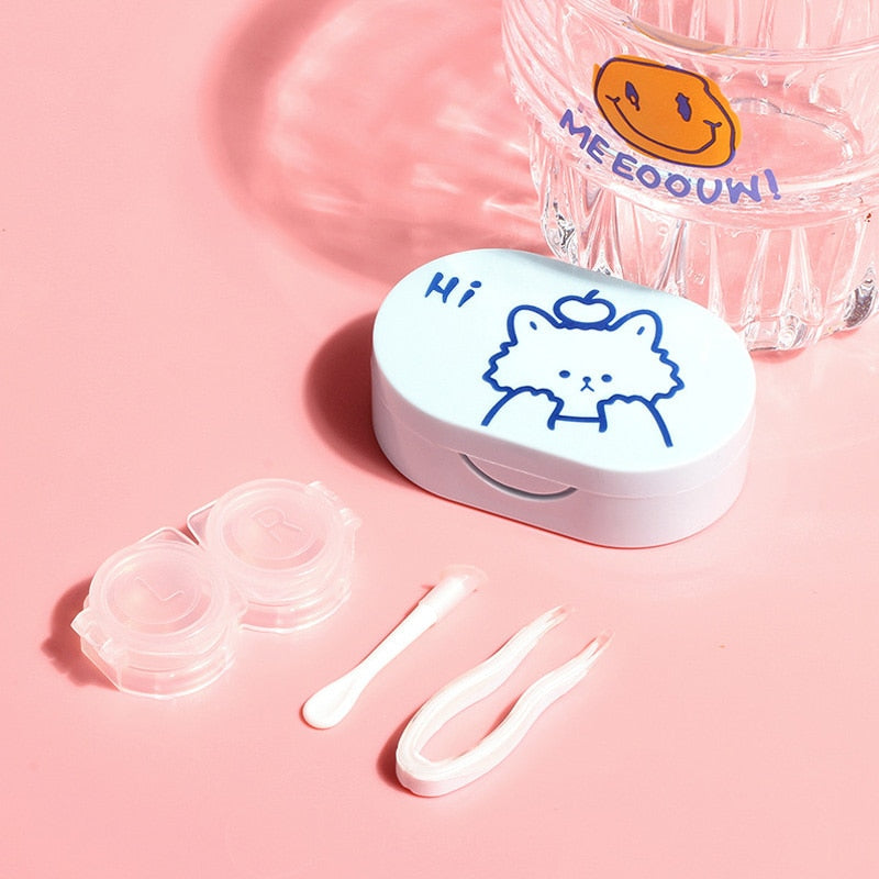 Ihomed 1pc Contact Lens Care Companion Case with Mirror Cute Solid Color Portable Round Box Cosmetic Contact Lenses Storage Case