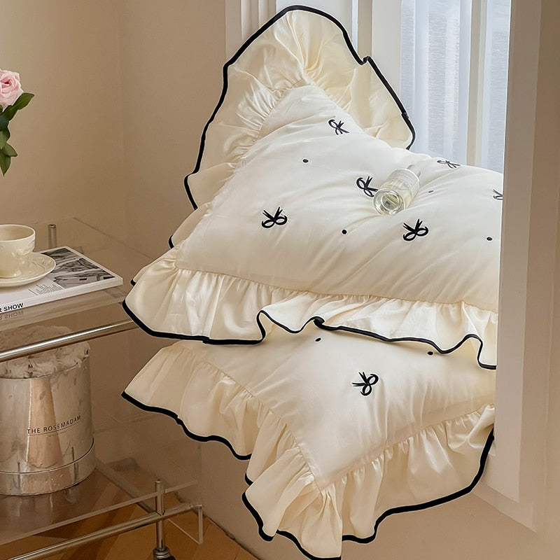 Ihomed Girlish Embroidered Bow Bedding Set 300TC Cotton Queen King Size Lovely Bed Sheet Pillowcase Duvet Cover Set 4pcs with Ruffles