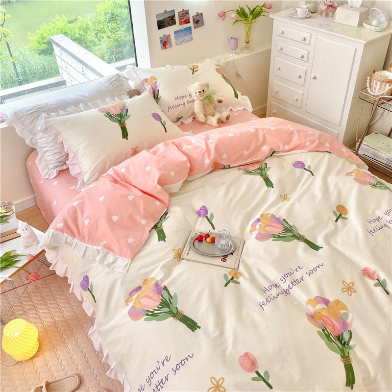 Ihomed Kawaii Peach Bedding Set For Home Cotton Twin Full Queen Size Strawberry Bear Cute Fitted Bed Sheet Pillowcases Duvet Cover