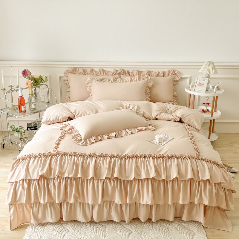 Ihomed Bed Linen Elegant Bedding Sets Luxury Princess Cotton Ruffle Duvet Cover Set Bed Skirt and Pillowcases Comforter Bedding Sets