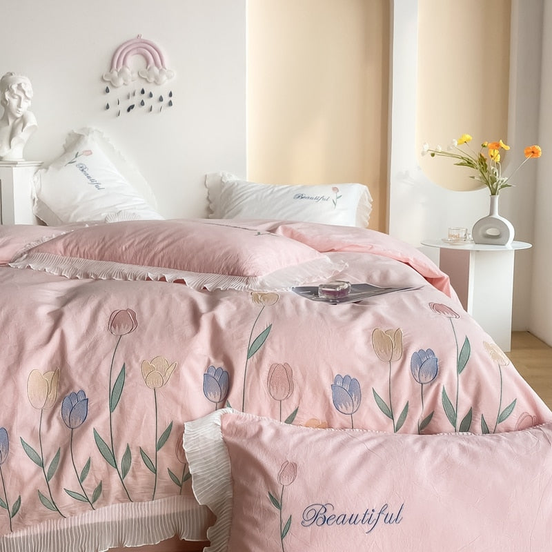 Ihomed Tulip Embroidery Girl Bedding Set 100% Washed Cotton Lace Ruffles Flower Quilt/Duvet Cover Set Bed Linen Fitted Sheet Pillowcase