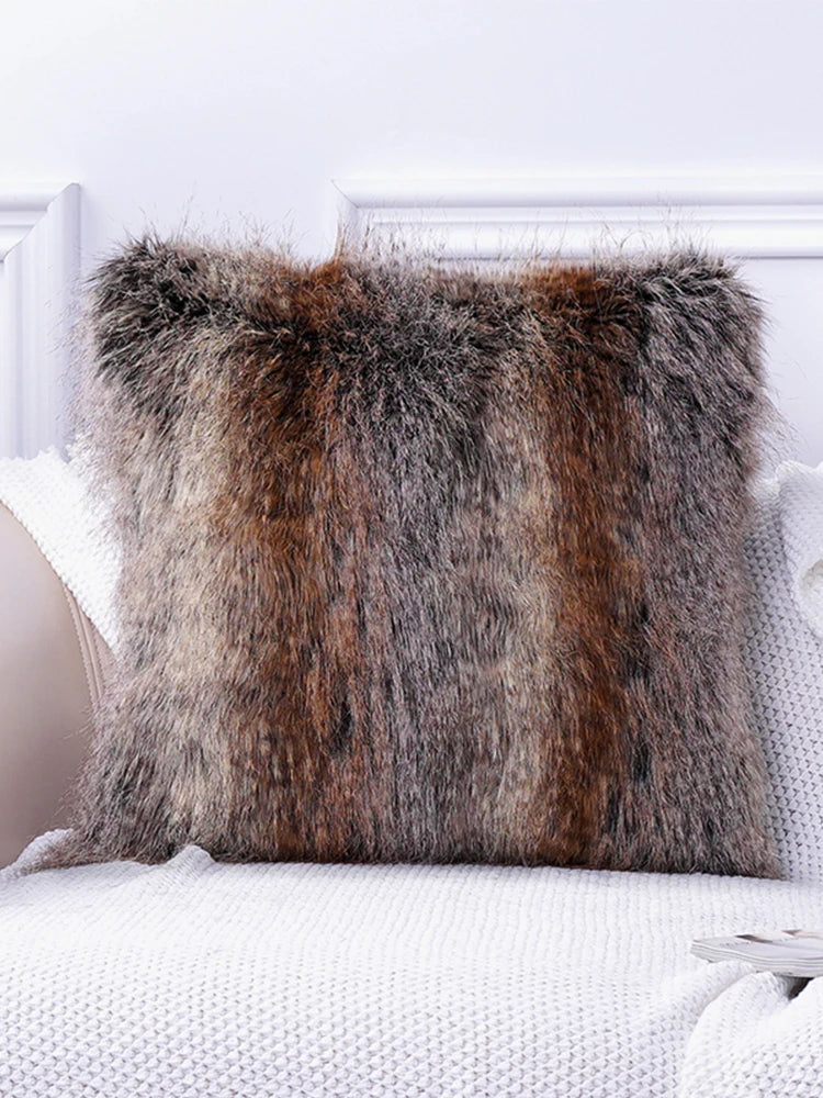 Ihomed High-end Fluffy Faux Fox Fur Throw Pillows Decor Home High Quality Plush Back Cushion for Sofa Bed Chair Super Soft Cushion Cozy