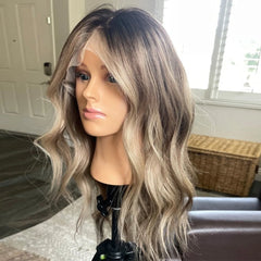 Ihomed Ash Brown Highlights Full Lace Wig Luxury Blonde Virgin Hair Brunette Balayage Remy Human Hair Lace Front Wig Ombre Wavy 180%