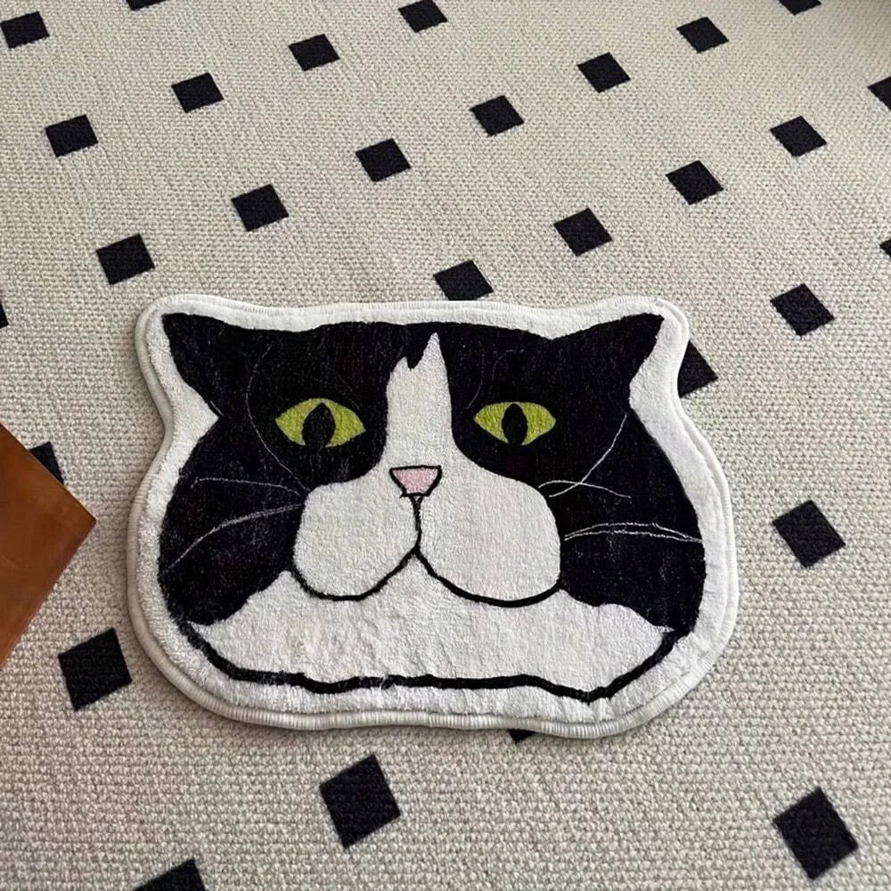 Ihomed Cute Design Cow Black and White Cat Carpet Non-slip Bottom Unique Shape Details Bedroom Living Room Pet Home Decoration Rug