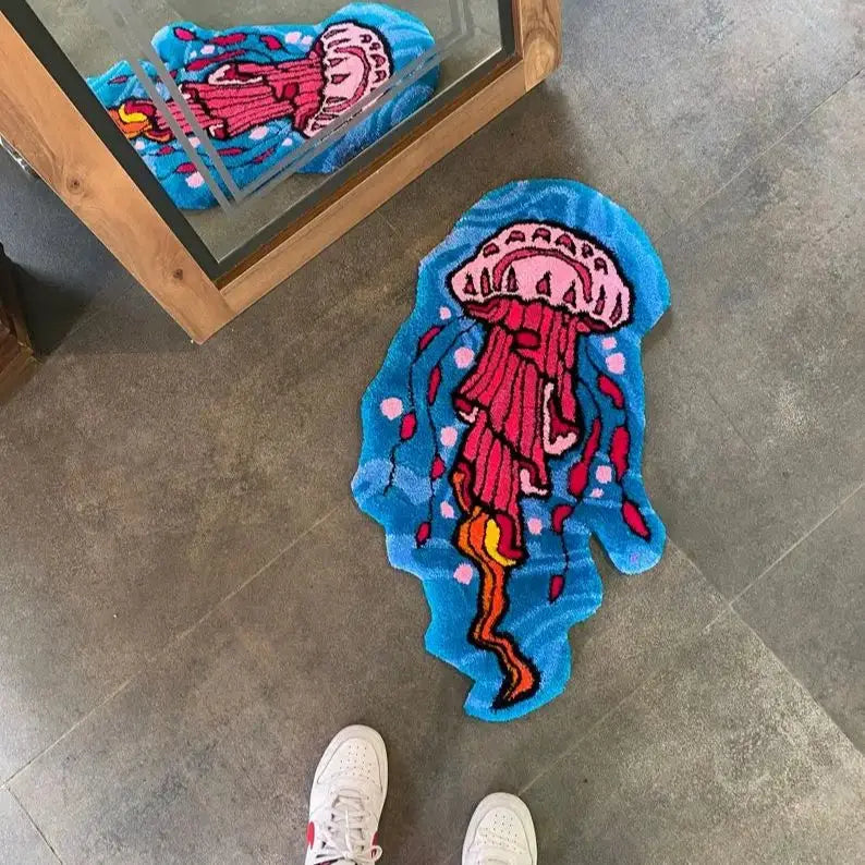 Ihomed Floating Jellyfish Fluffy Cartoon Area Floor Rug Living Room Bedroom Non-Slip Decorative Soft Flannel Home Bedside Carpet Gift