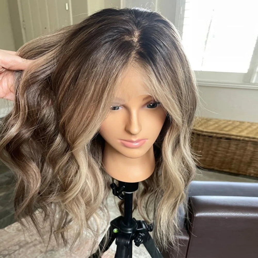 Ihomed Ash Brown Highlights Full Lace Wig Luxury Blonde Virgin Hair Brunette Balayage Remy Human Hair Lace Front Wig Ombre Wavy 180%