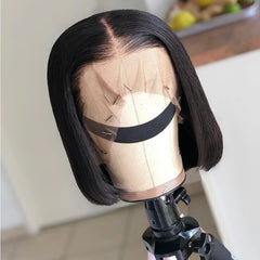 Ihomed 13x4 Blunt Cut Bob Wig Glueless Short Lace Front Human Hair Wigs Brazilian Bone Straight Bob Wigs Wear and Go Lace Closure Wigs