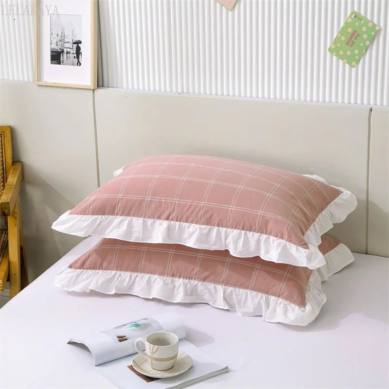 Ihomed 2 pcs Plaid Stripes Cotton Pillow Cover European Princess Style Ruffle Trim 48x74cm Home Textile Sleeping Soft Fabric Pillowcase