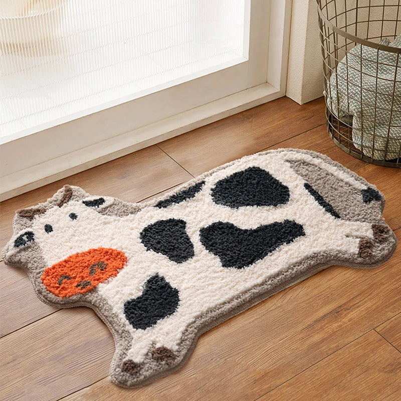 Ihomed Cow Bathroom Mat Fluffy Flocking Carpet Bath Tub Side Anti Slip Rug Floor Pad Animal Doormat Home Kids Room Nursery Decor