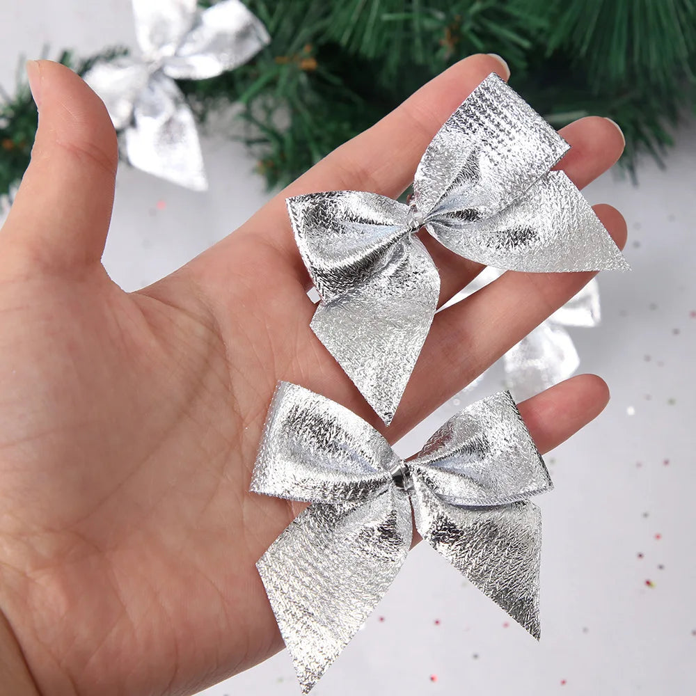 Ihomed 12pcs/lot Craft Bows DIY Christmas Tree Decorations Bows For Crafts Christmas Bows Gold Silver Red Bowknot Home Decoration