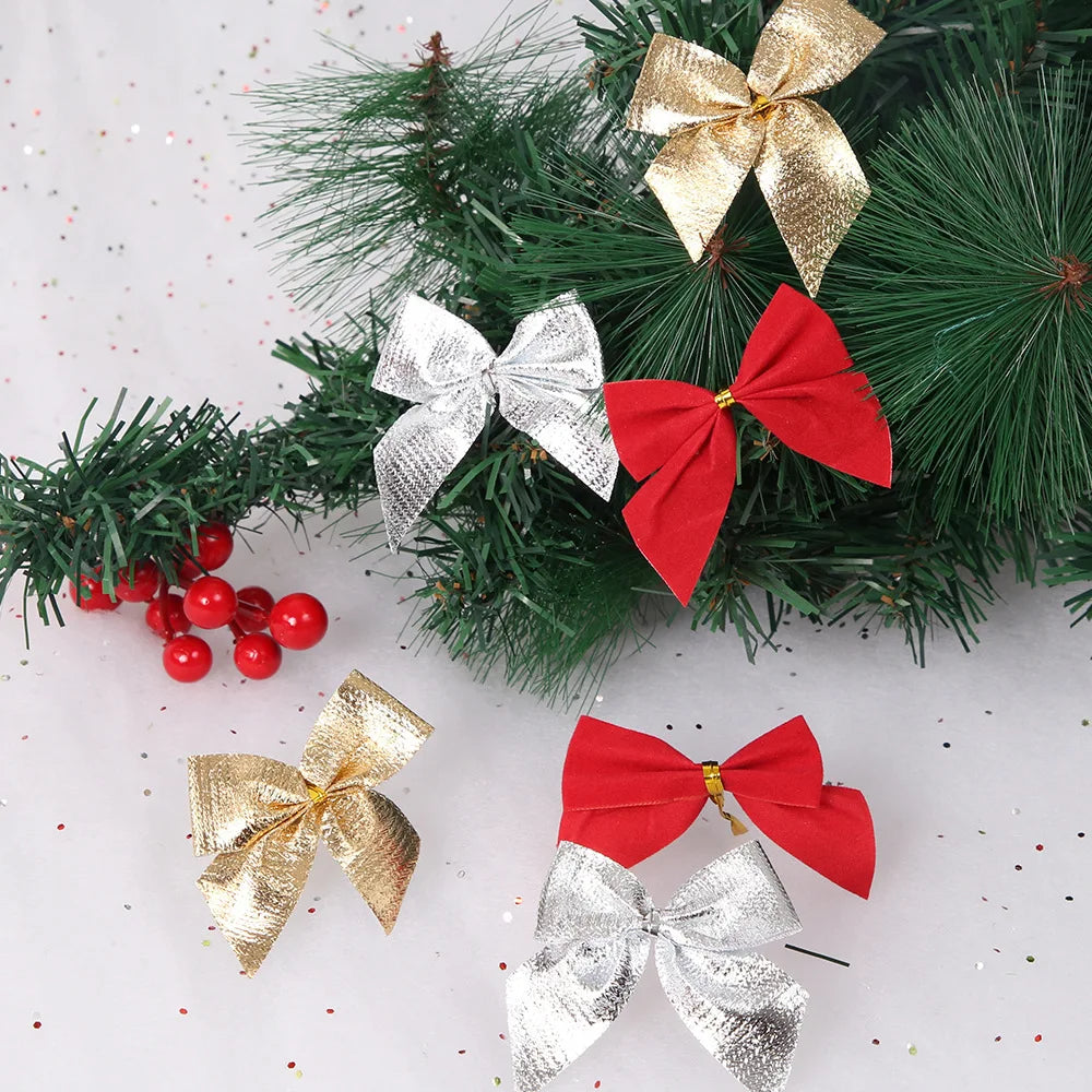 Ihomed 12pcs/lot Craft Bows DIY Christmas Tree Decorations Bows For Crafts Christmas Bows Gold Silver Red Bowknot Home Decoration