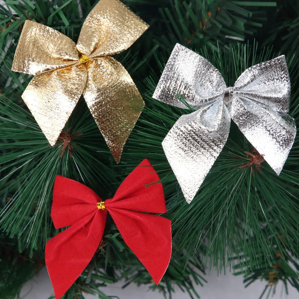 Ihomed 12pcs/lot Craft Bows DIY Christmas Tree Decorations Bows For Crafts Christmas Bows Gold Silver Red Bowknot Home Decoration