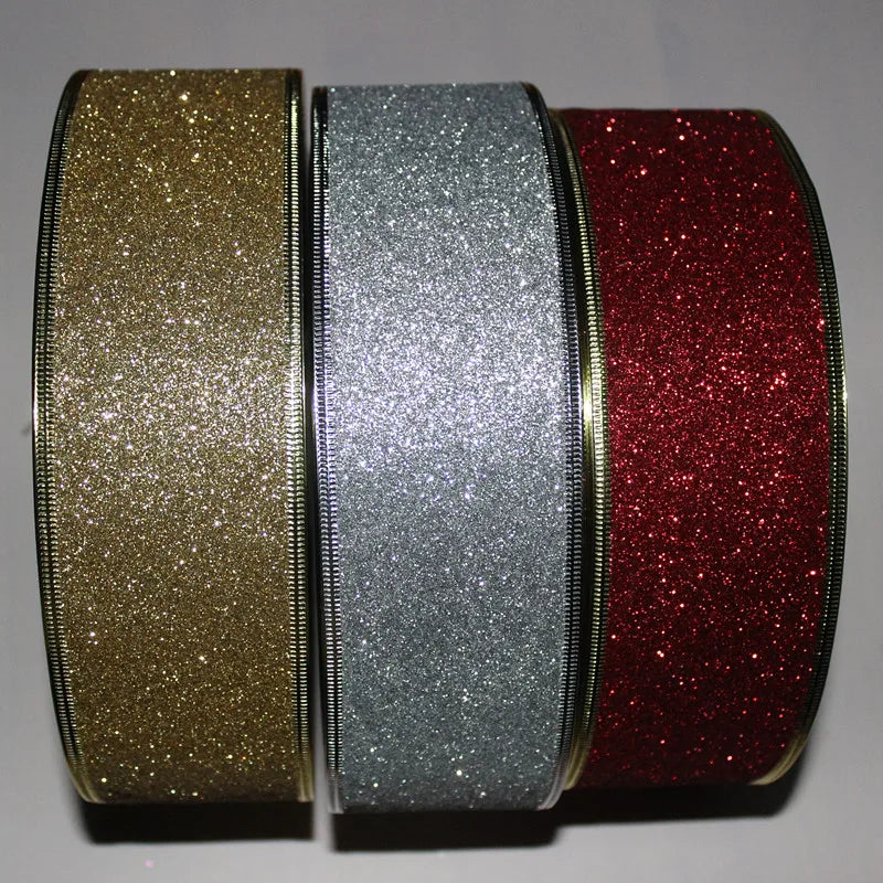 Ihomed 200cm*6.3cm Glitter Decorative Ribbons Red Silver Gold Ribbon With Iron Wire Christmas Decoration Ribbons for Crafts Bows