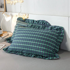 Ihomed 2 pcs Plaid Stripes Cotton Pillow Cover European Princess Style Ruffle Trim 48x74cm Home Textile Sleeping Soft Fabric Pillowcase