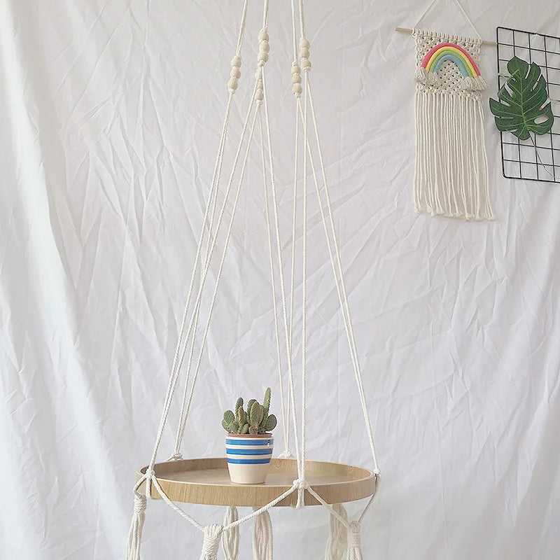 Ihomed Boho Macrame Hanging Plant Support Wood Shelf Plate Handmade Korean Nordic Home Bedroom Decor Bed Side Small Stuff Organizer