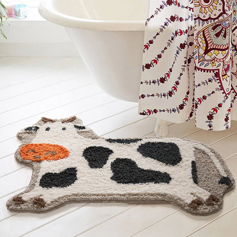 Ihomed Cow Bathroom Mat Fluffy Flocking Carpet Bath Tub Side Anti Slip Rug Floor Pad Animal Doormat Home Kids Room Nursery Decor