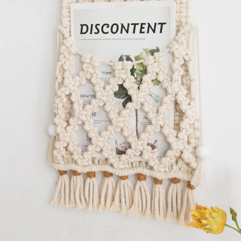 Ihomed Macrame Organizer Wall Decor Hanging Tapestries Magazine Book Flower Display Holder for Home Apartment Dorm Room Decoration