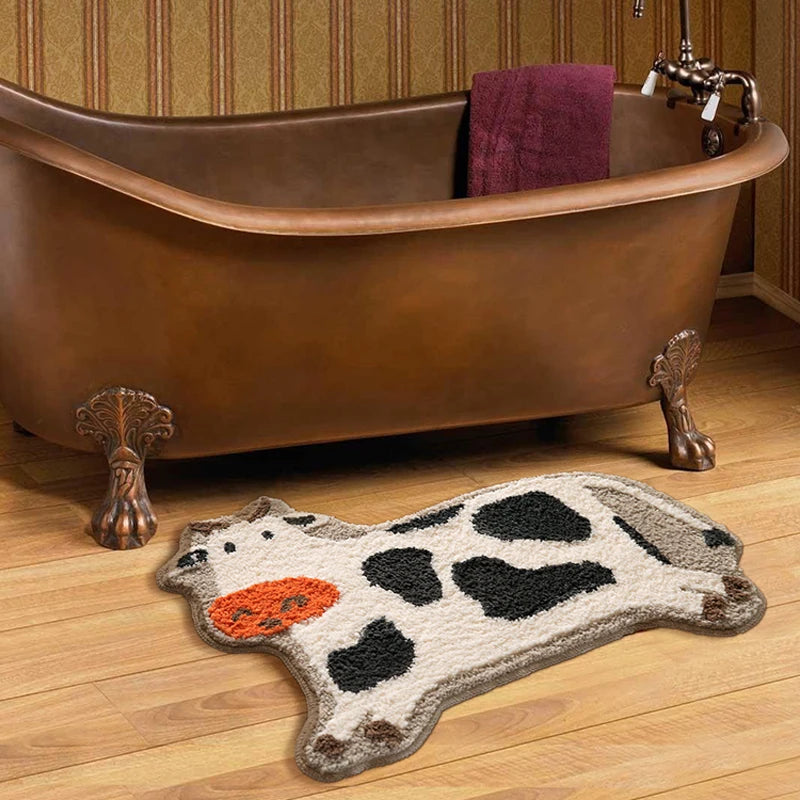 Ihomed Cow Bathroom Mat Fluffy Flocking Carpet Bath Tub Side Anti Slip Rug Floor Pad Animal Doormat Home Kids Room Nursery Decor