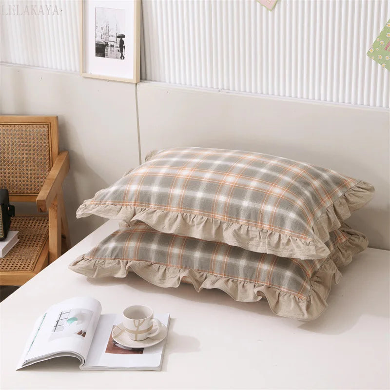 Ihomed 2 pcs Plaid Stripes Cotton Pillow Cover European Princess Style Ruffle Trim 48x74cm Home Textile Sleeping Soft Fabric Pillowcase