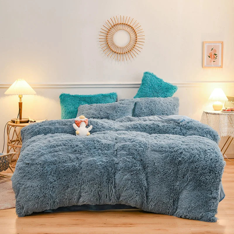 Ihomed Long Hair Bedding Set, Mink Flannel Fleece, Home Linens, Blue Grey Camel Heart Cushion, Duvet Cover Set