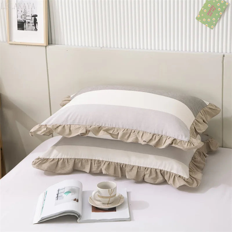 Ihomed 2 pcs Plaid Stripes Cotton Pillow Cover European Princess Style Ruffle Trim 48x74cm Home Textile Sleeping Soft Fabric Pillowcase