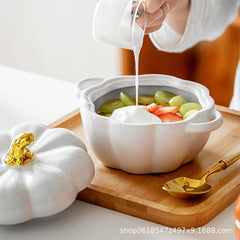 autumn decorating Ceramic Bowl with Lid Stew Bowl Pumpkin Bowl Household Kitchen Children's Soup Bowl Steamed Egg Salad Bowl Tableware Rice Bowl Logo