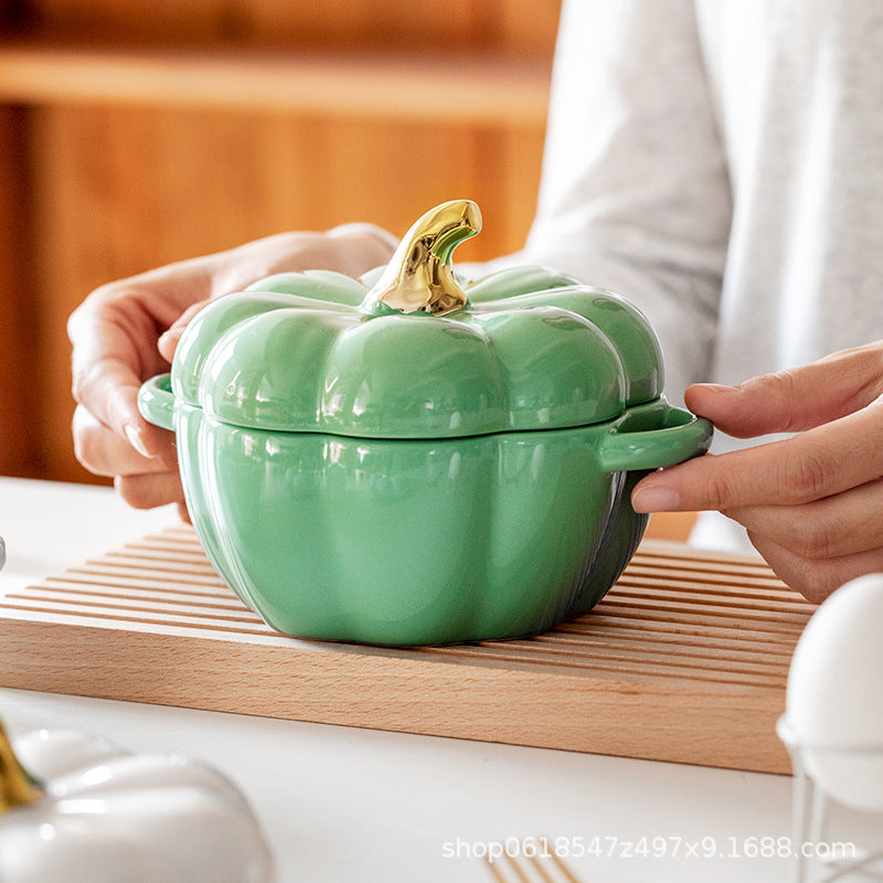 autumn decorating Ceramic Bowl with Lid Stew Bowl Pumpkin Bowl Household Kitchen Children's Soup Bowl Steamed Egg Salad Bowl Tableware Rice Bowl Logo