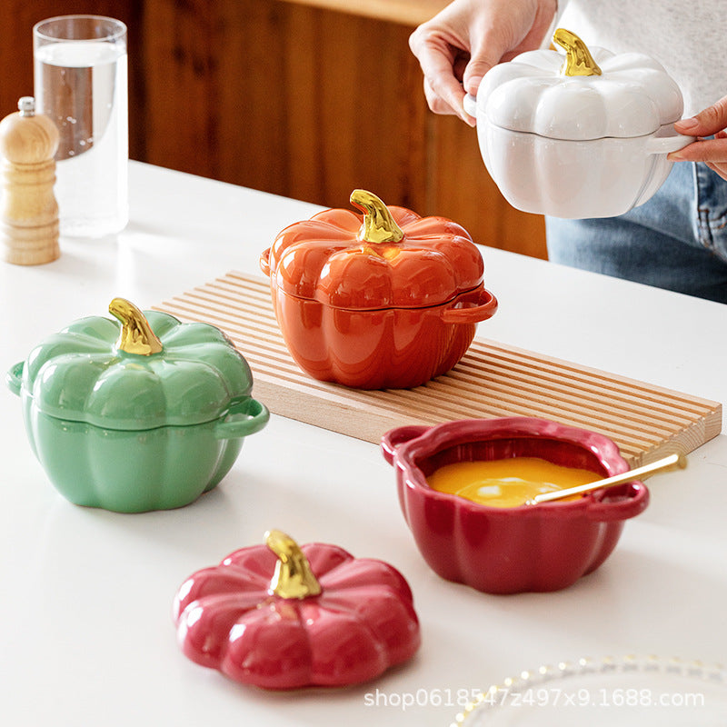 autumn decorating Ceramic Bowl with Lid Stew Bowl Pumpkin Bowl Household Kitchen Children's Soup Bowl Steamed Egg Salad Bowl Tableware Rice Bowl Logo