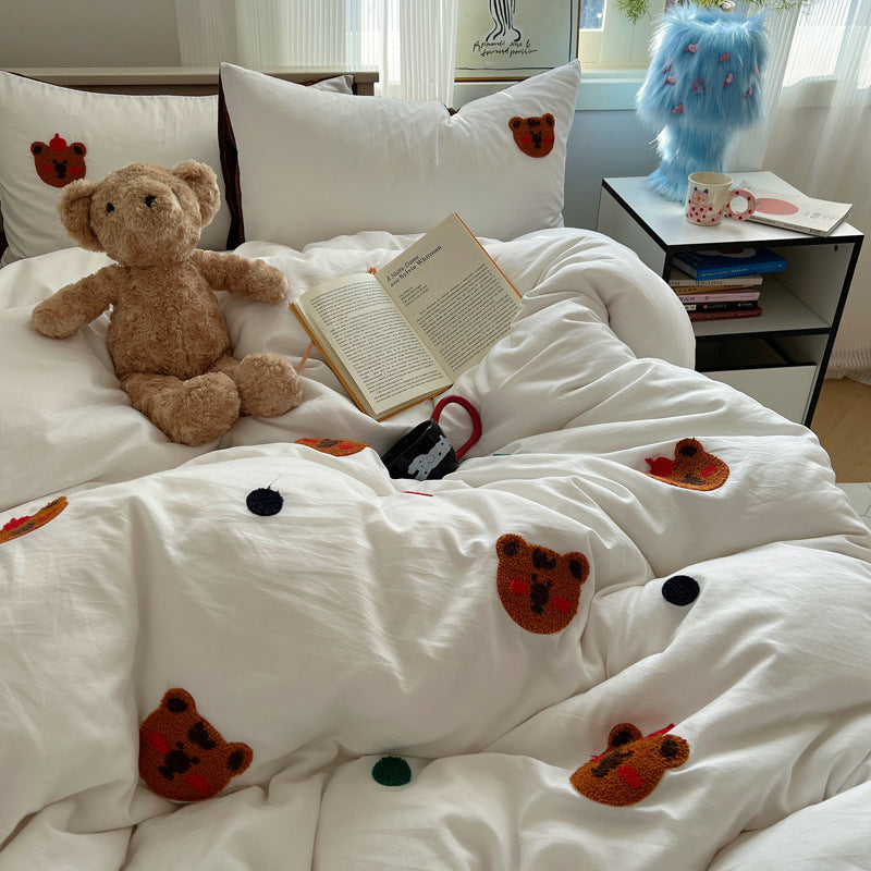 Spring and Summer Ins Girl's Heart Maillard Coffee Bear Towel Embroidered Washed Cotton Bed Sheet 1.5M Three Or Four-Piece Set 1.8