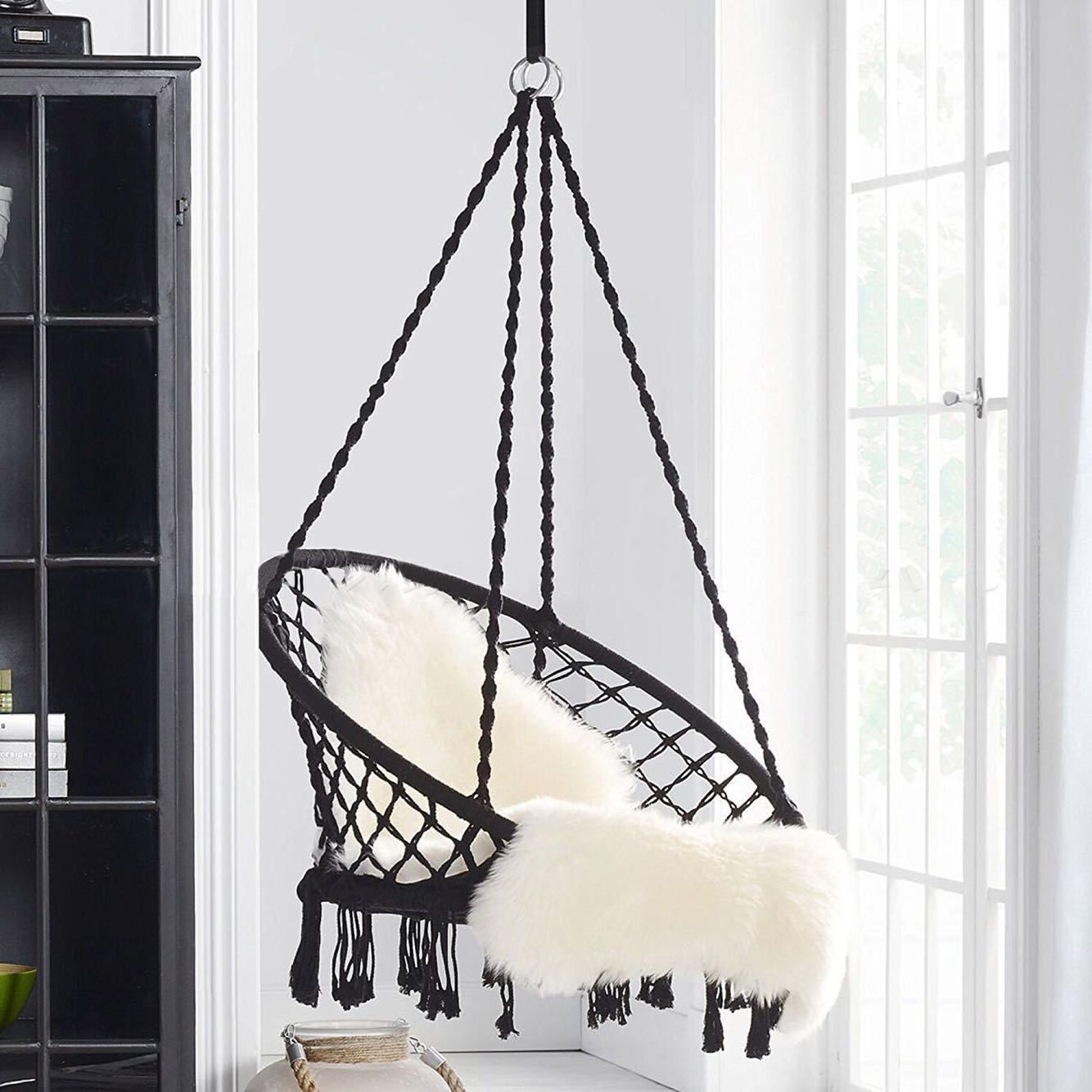 small bedroom ideas INS Nordic Style Net Red Hanging Basket Outdoor Cotton Rope Hanging Chair Balcony Cradle Chair Indoor B &amp; B Tassel Swing