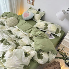 Ihomed INS Tulip Bedding Set Green Floral Duvet Cover Queen Full Twin Size Flat Bed Sheet Floral Pillowcase Girls Bed Linen NO Filling