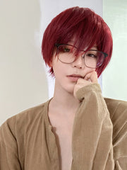 Ihomed 8Inch Wine Red Color Handsome Synthetic Wigs With Bang Short Straight Hair Wig For Man or Women Daily Use Cosplay Heat Resistant