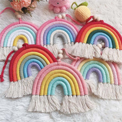 Ihomed Handmade Woven Cotton Rope Rainbow Tassels Bead Boho Style Pendants Rainbow Children'S Room Wall Hanging Holiday Decoration