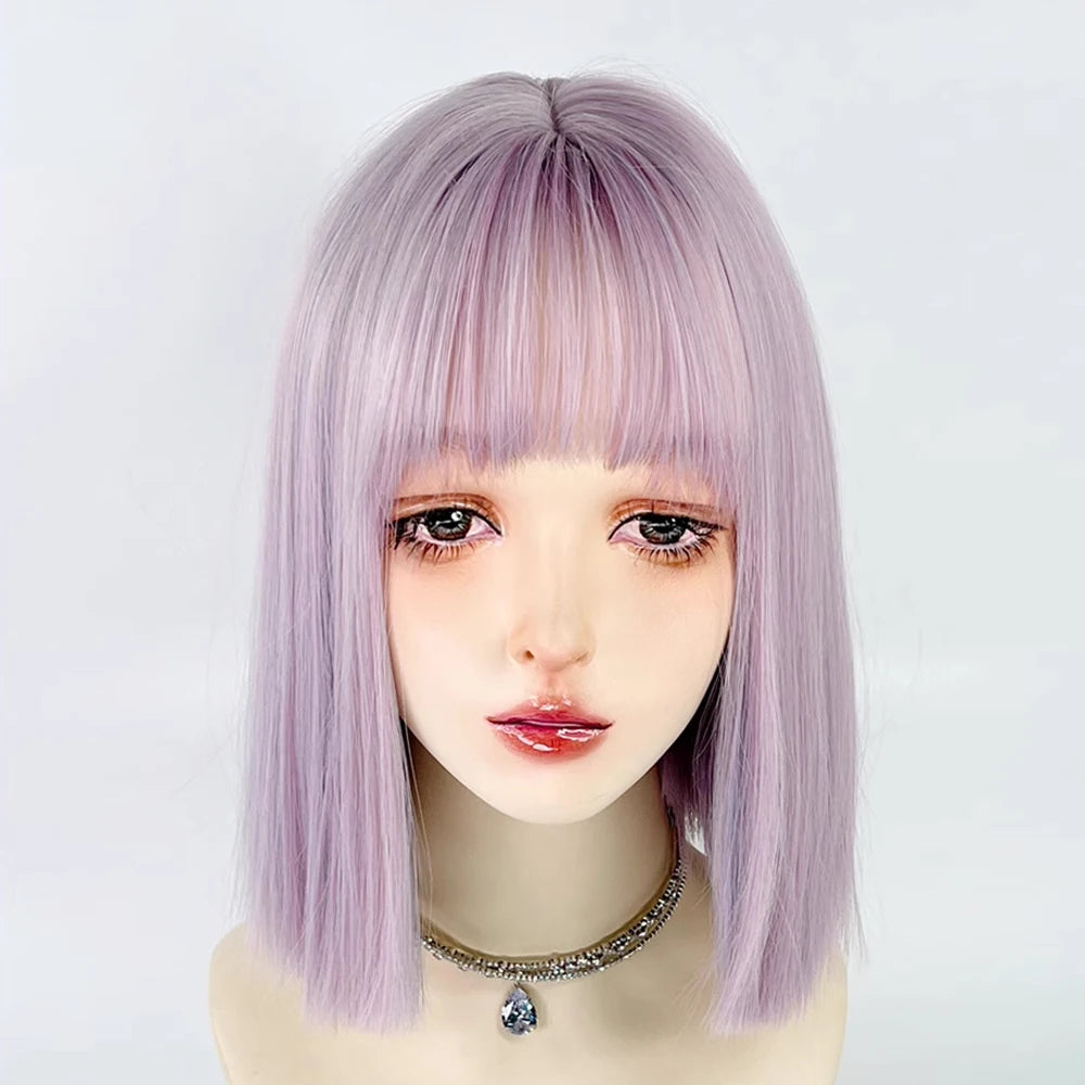 Ihomed Purple Blue Mix Short Bob Straight Women Synthetic Wig with Bangs Lolita Cosplay Fluffy Hair Wig for Daily Party