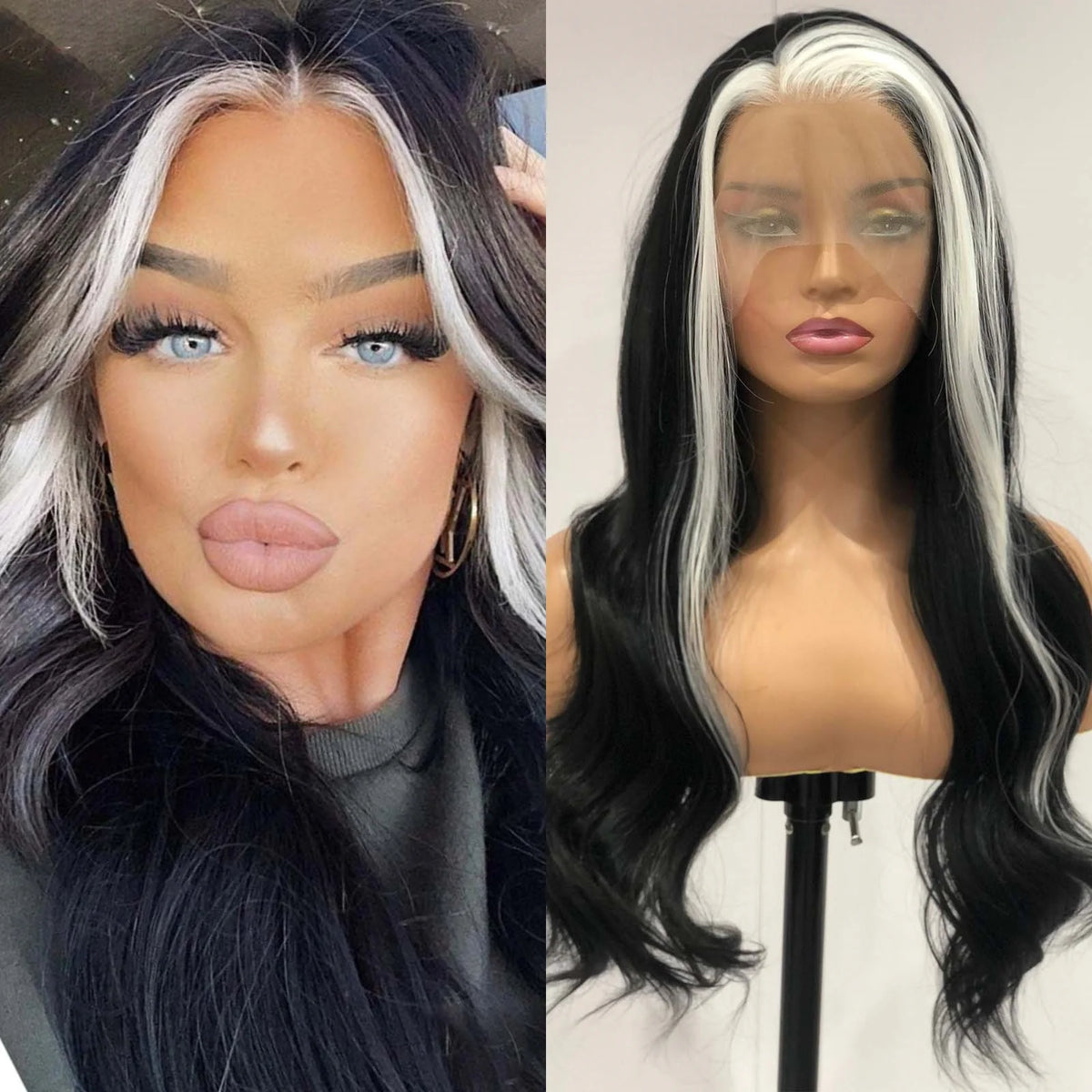 Ihomed Black White Highlight Wig Synthetic Lace Front Wig Long Curly Natural Wavy Colored Body Wave 13X4 Lace Frontal Wigs for Women