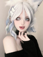 Ihomed 12Inch Blue White Lolita Pretty Synthetic Wigs With Bang Short Natural Wavy Hair Wig For Women Daily Use Cosplay Heat Resistant