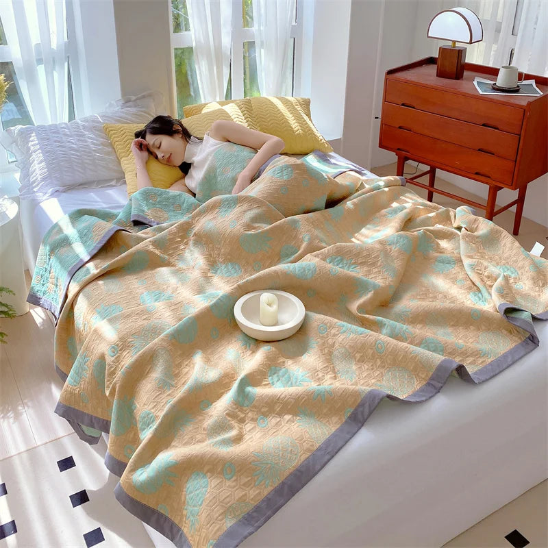 Ihomed Pure Cotton Thread Blanket for Bed Sofa, Yellow Cat Pattern Throw, Queen Double Heart Printed Bedspread,Comfortable Summer Quilt