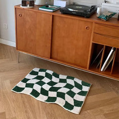 Ihomed Green Checkered Rug for Bedroom Aesthetic Retro Waved Bath Mat Modern Bathroom Door Mat Small Rug Red Checker Living Room Mat