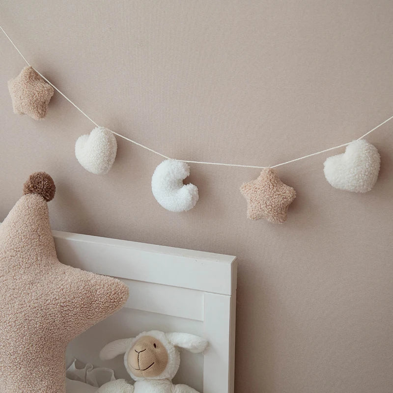 Ihomed Nordic Style Fluffy Garland Handmade Moon Star Hanging Decoration Baby Kids Room Home Party Wedding Holiday Wall Nursery Decor