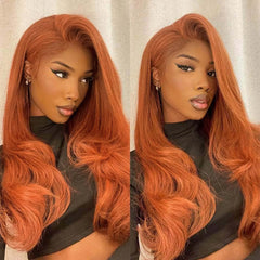 Ihomed Long Wavy Hair Layered Synthetic Lace Front Wig Ginger Orange Curly Natural Wave Auburn Colored 13X4 Frontal Wigs for Women