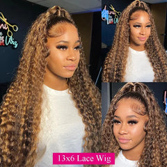 Ihomed 13x6 HD Brown Lace Front Wig Honey Blonde Curly Human Hair Wigs Ombre Highlight Wig Human Hair Deep Water Wave Lace Frontal Wig