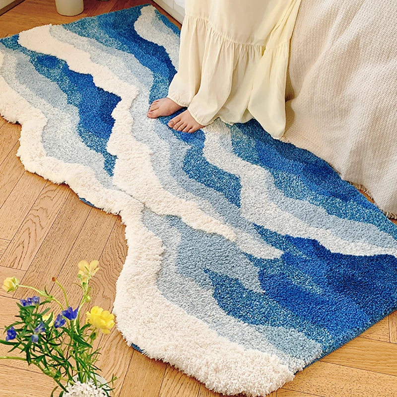 Ihomed Tufting Ocean Rug Bathroom Mat Soft Fluffy Scenic Wave Bedroom Living Room Carpet Floor Safety Pad Aesthetic Home Room Decor