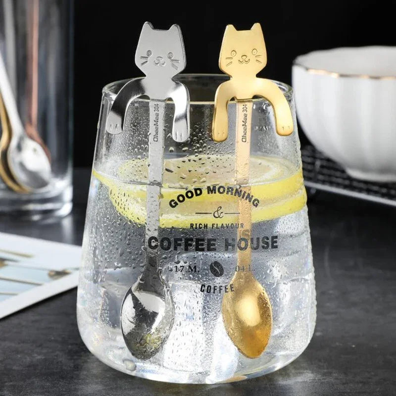 Ihomed 4pcs Stainless Steel Cute Cat Spoons Coffee Tea Ice Cream Teaspoons Spoon Dessert Snack Scoops Home Flatware Kitchen Accessories