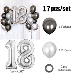 Ihomed 17pcs Silver Black Number Foil Balloons Birthday Party Decorations Adult Kids Girl Boy 10 11 14 15 18 30 35 40 50 60 70 Year Old