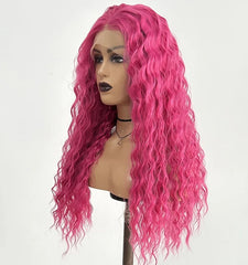 Ihomed Hot Pink Wig Deep Wave Synthetic Lace Front Wig Glueless Natural Hairline Rose Red Long Curly Hair Lace Frontal Wigs for Women