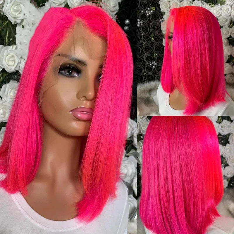 Ihomed Straight Hot Pink ColorShort Bob Synthetic Heat Resistant Transparent Lace Front Wig For Women Drag Queen Cosplay Prepluck